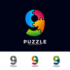Abstract number 9 puzzle pieces colorful vector logo template. Suitable for business, education, game, sticker and initial name