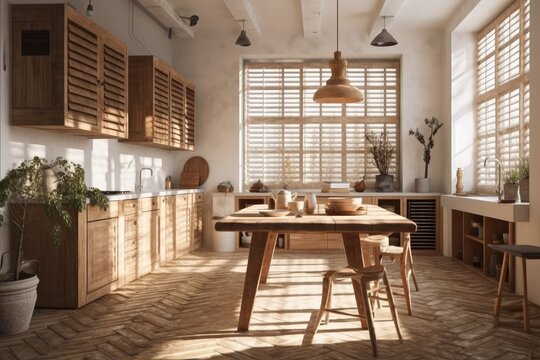 Scandinavian farmhouse kitchen with shutters and dishes. illustration. Generative AI