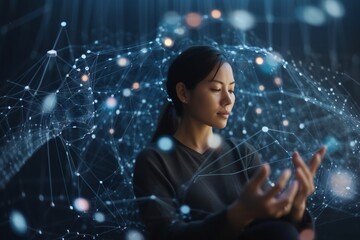 A Woman Sitting In Front Of A Digital Screen With Her Hands Together Workshop Advertising Photography Natural Language Processing Generative AI 