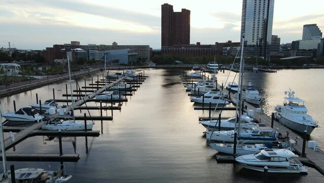 2022 - Excellent aerial footage of yachts docked at Baltimore Harbor, Maryland.