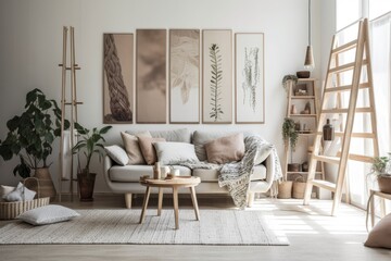 Beige sofa between ladder and wooden lamp in white apartment with posters and table. Real picture. Generative AI