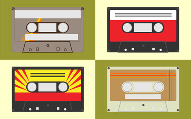 Set of old times audio cassettes. Retro vintage music recording technology.