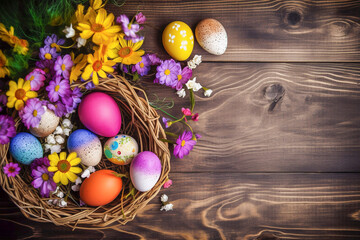 Easter eggs in a basket and colourful spring flowers against a wooden background copyspace generative AI illustration