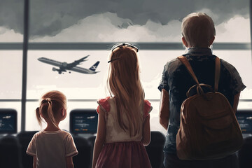 Illustration of family at the airport on a cloudy day. Generative AI.