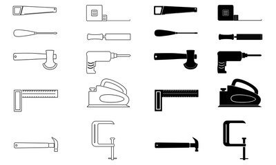 Woodworker icons set: hand saw, measure tape, dead blow hammer, chisel, g clamp, axe, try square, mechanic, craft, cordless drill, crab machine, screwdriver - vector
