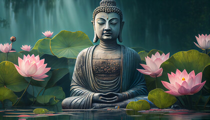 Buddhist meditates in tranquil pond surrounded by lotus ,generative AI