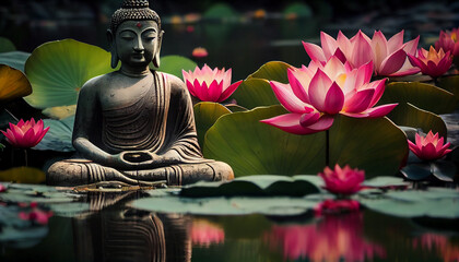 Buddhist meditates by lotus pond tranquil harmony ,generative AI