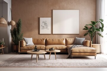 Warm toned living room wall mockup with leather couch behind kitchen. Generative AI
