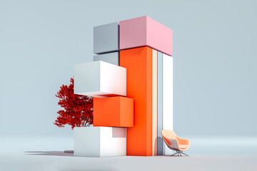 Structure of modern cubes next to an armchair