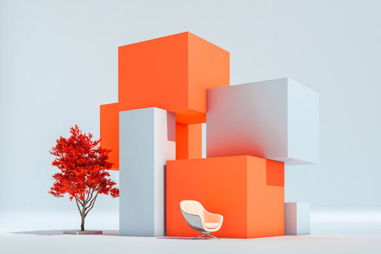 Structure of modern cubes next to an armchair