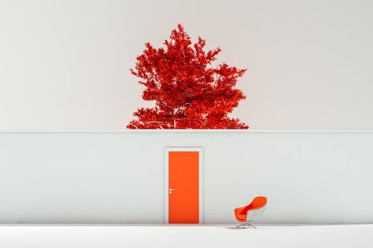 Closed door showing an orange tree