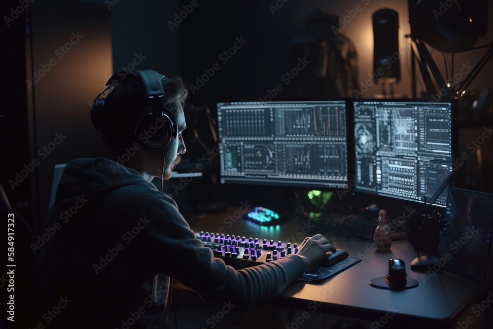 Poster a person wearing headphones sitting at a computer desk with multiple monitors workshop graphic desig