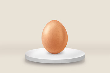 Egg on a white cylindrical podium. Egg platform. Exhibition egg. Egg on a pedestal.