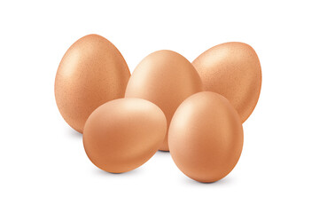 Five eggs on a white background. Eggs for cooking.
