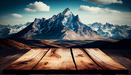 Mountain landscape wood plank table snowy winter ,generative AI