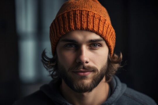 Attractive man wearing orange knit beanie hat, Generative Ai