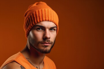 Attractive man wearing orange knit beanie hat, Generative Ai