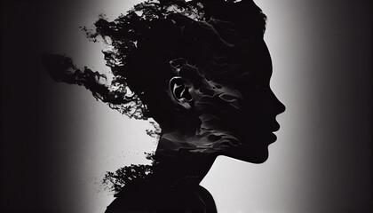 Silhouette portrait of young adult woman looking mysterious ,generative AI