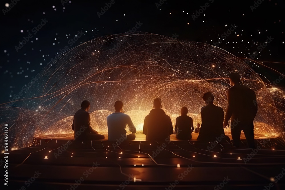 Poster a group of people standing in front of a large structure with lights conference room video art data 