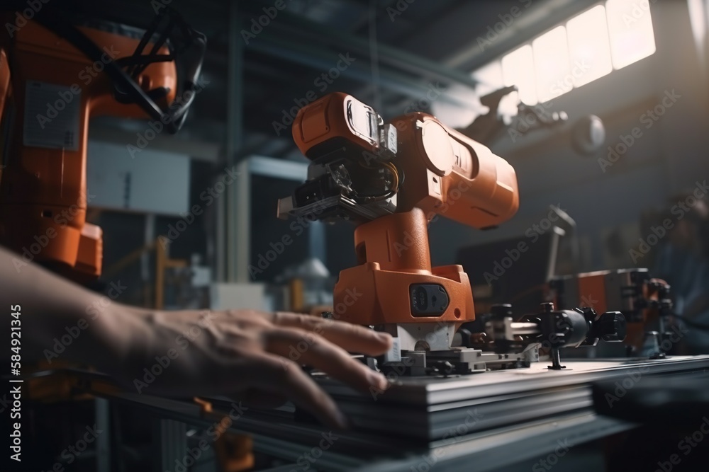 Poster a person is working on a machine in a factory with other workers factory kinetic art robotics engine