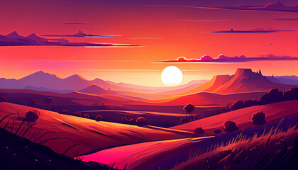 Sunset over rural meadow and mountain range ,generative AI