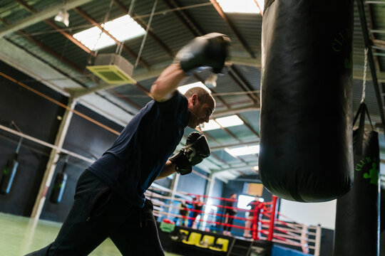 Boxer training on punching bag at gym