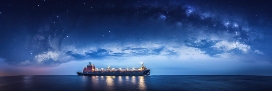 Oil tanker operating in night or dawn seas. Backbone of global trade and logistics. beautiful stars in the dusk night sky. Generative AI.