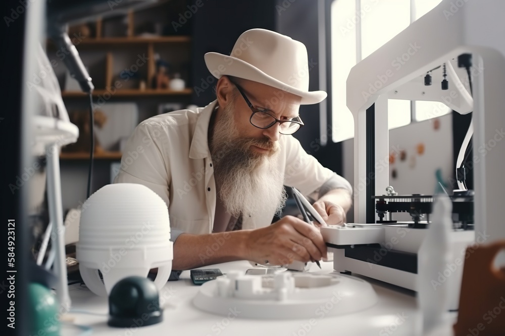 Poster a man in a white hat is working on a project in a lab workshop advertising photography robotics engi