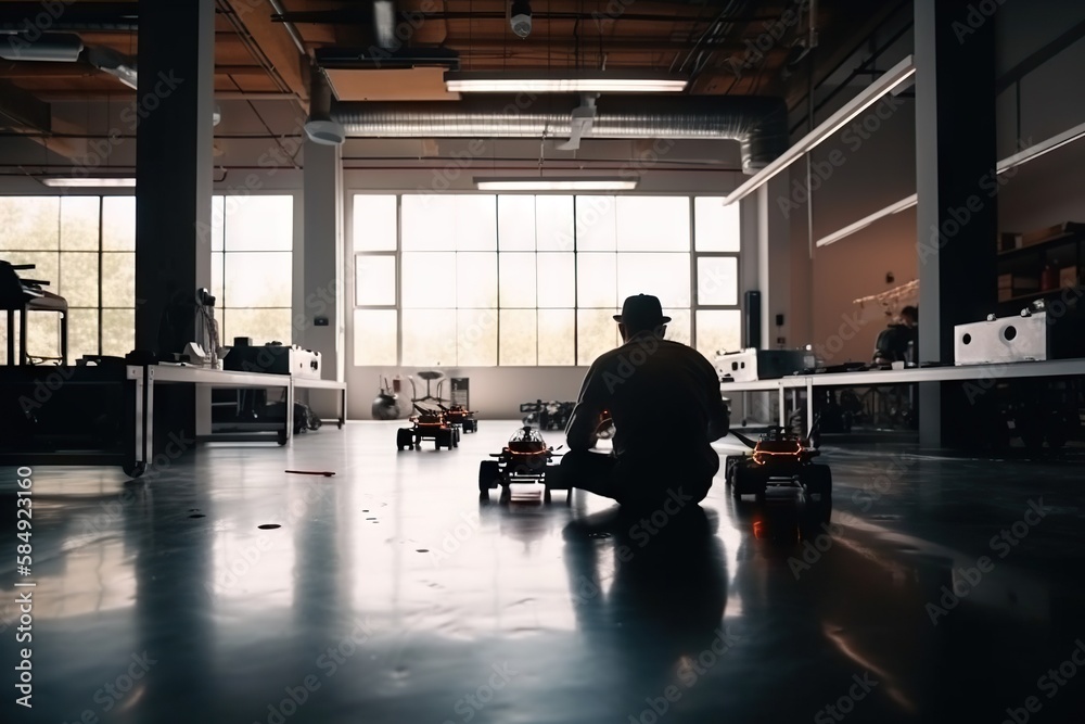 Poster a man is sitting on the floor in a large room with a robot workshop time-lapse photography robotics 