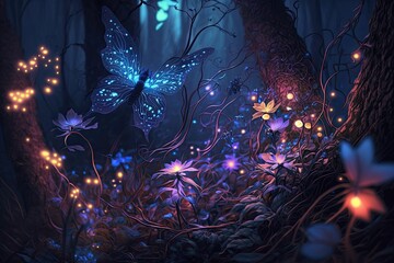 Fototapeta fairy forest at night fantasy glowing flower, generate AI obraz