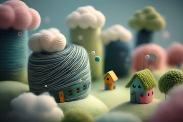 Naklejka premium knitting art village cute colors clouds, house, clouds