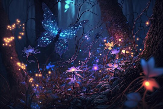 fairy forest at night fantasy glowing flower, generate AI