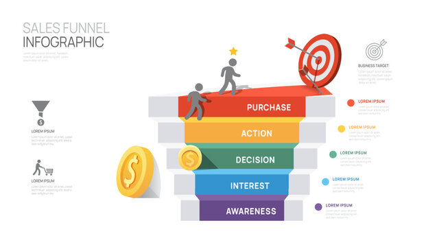 Infographic Sales funnel diagram template for business. Modern Timeline 5 step level, digital marketing data, presentation vector infographics.