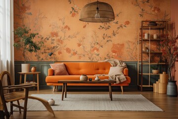 Beautiful orange and beige living room with wallpaper, carpet, and fabric couch. Classic Japanese interiors. Generative AI