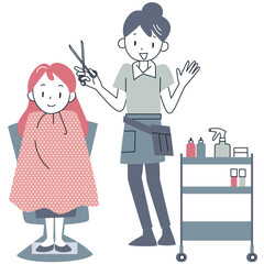 ハサミを持って立つ女性美容師と若い女性客