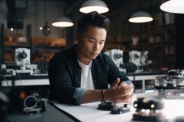 A Man Sitting At A Table Looking At A Cell Phone In A Store Workshop Advertising Photography Robotics Engineering Generative AI 