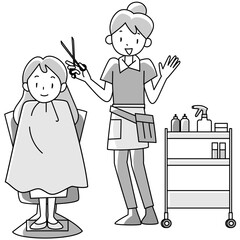 ハサミを持って立つ女性美容師と若い女性客