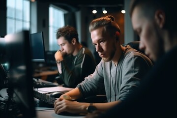 A Group Of Men Sitting At A Table Working On Computers In A Dark Room Workshop Advertising Photography Music Production
