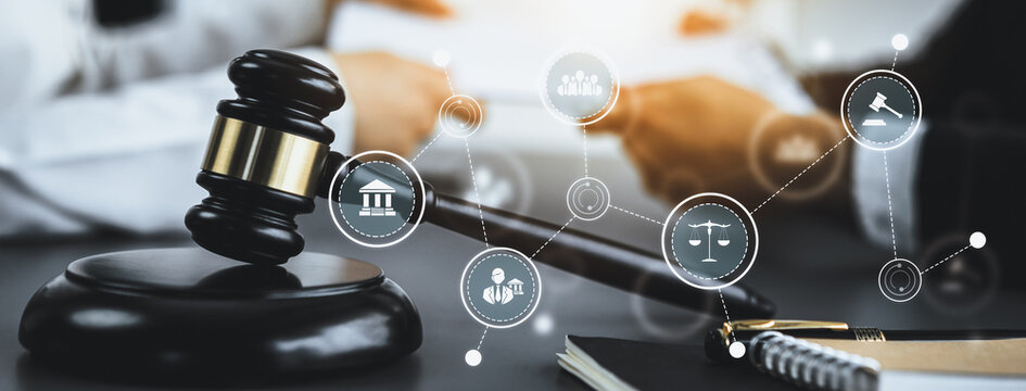 Smart law, legal advice icons and lawyer working tools in the lawyers office showing concept of digital law and online technology of astute law and regulations .