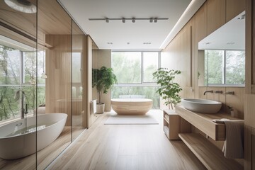 Fototapeta na wymiar White and beige Japanese hardwood bathroom. Mirrored washbasin, shower, and bathtub. Marmoleum floor. Plan, top. Clean interiors,. Generative AI