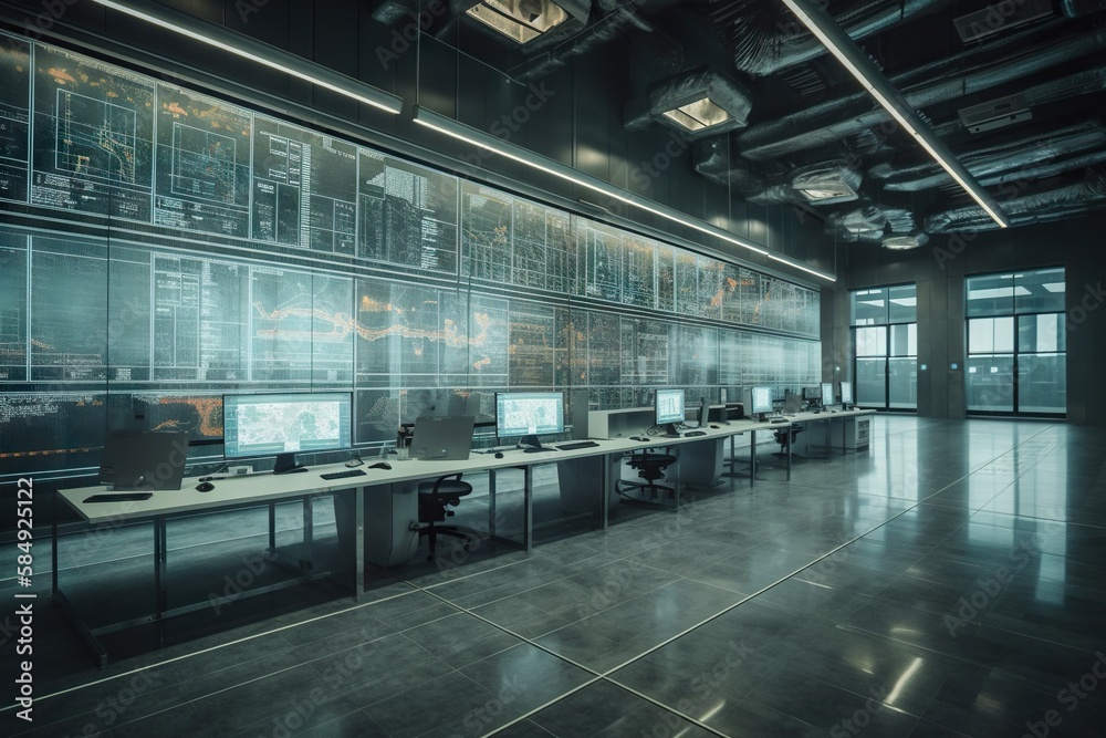Poster a large room with multiple computers on a long table and a large window conference room architectura