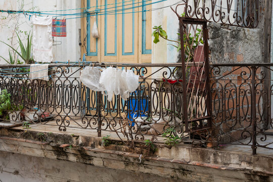 Plastic Bags Drying Hanging On A Balcony