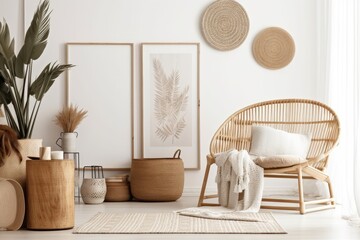 Scandi Boho mockup frame in white room with natural wooden furnishings. Generative AI