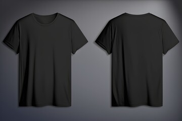 t shirt template, 3d black color t-shirt mockup seen from front and back isolated on black color background