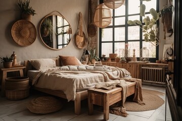 Weekend morning idea. Vertical shot of pleasant bedroom with original interior design, pillow, plaid and breakfast tray on bed, wooden bench seat, dressing screen, wicker basket. Generative AI