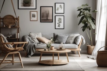 Minimalist living room with gray couch, wooden coffee table, picture frame, flowers, rattan lamp, basket, and stylish accessories. Interior design. Template. Gray. Generative AI