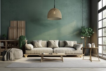 Sofa and decor in living room wall mockup. Generative AI