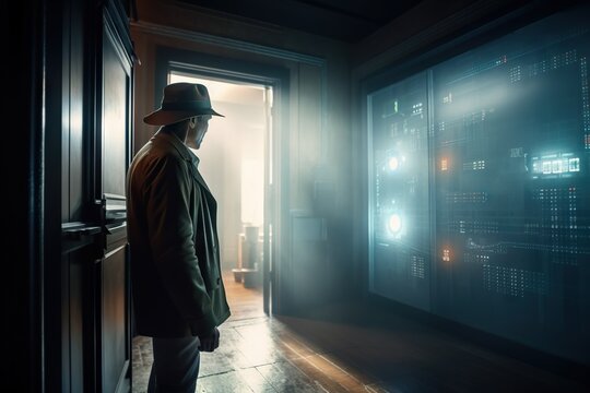 A Man In A Hat Standing In A Doorway With A Light Coming Through Conference Room Advertising Photography Information Security Generative AI 