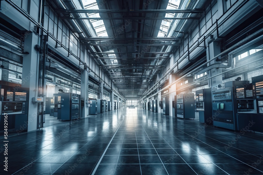 Poster A Large Empty Building With A Skylight Above It And A Tiled Floor Factory Panoramic Photography Manufacturing Planning And Control Generative AI 