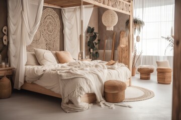 White and beige canopy bed bedroom closeup. Pillows, duvet, and blankets. Bohemian rattan and bleached wood. Boho decor,. Generative AI